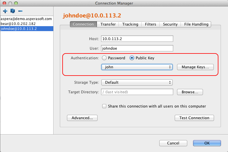 Choose the key for the connection's authentication.