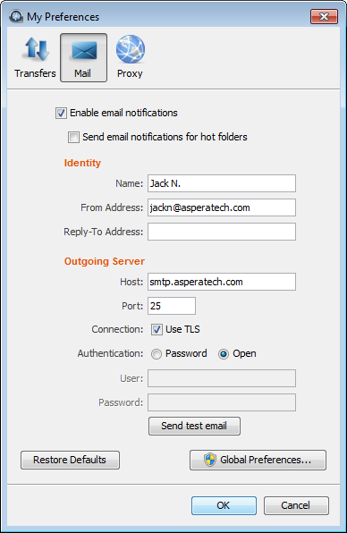The My Preferences email window.
