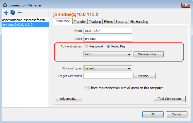 Choose the key for the connection's authentication.