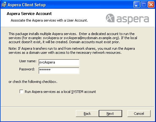 Set up the Aspera service account.