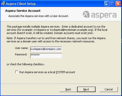 Set up the Aspera service account.