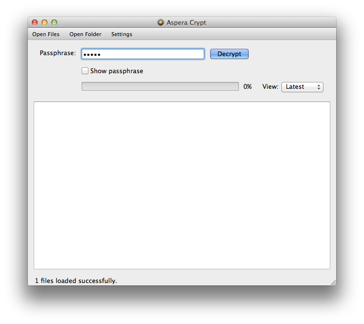 Load files into Aspera Crypt and input passphrase.