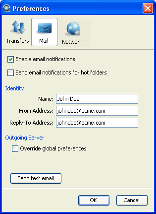 The preferences' email window.