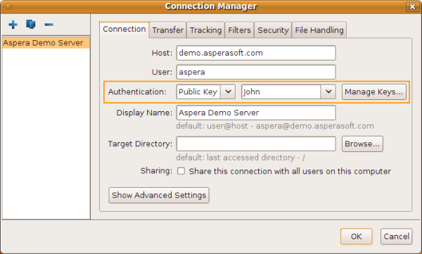 Choose the key for the connection's authentication.