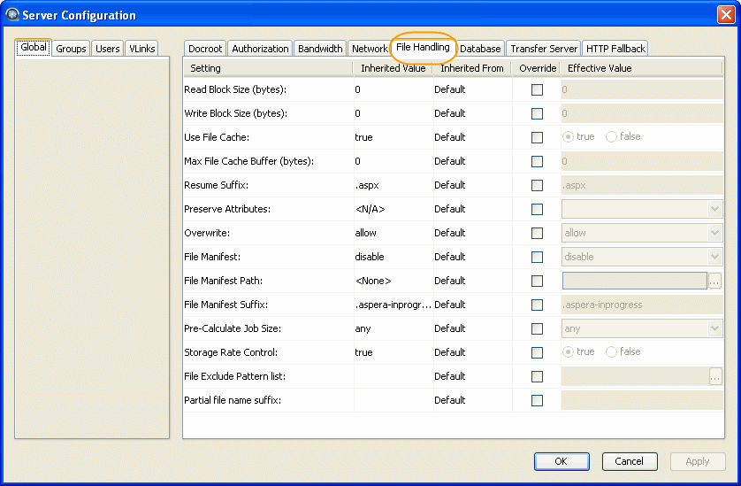 File Handling configuration options.