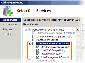 Check the IIS 6 Management Compatibility to install.