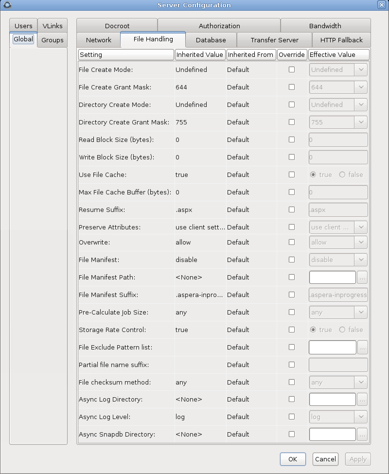 File Handling configuration options.