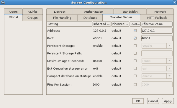 Transfer Server configuration options.