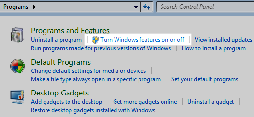 Turn Windows features on or off.