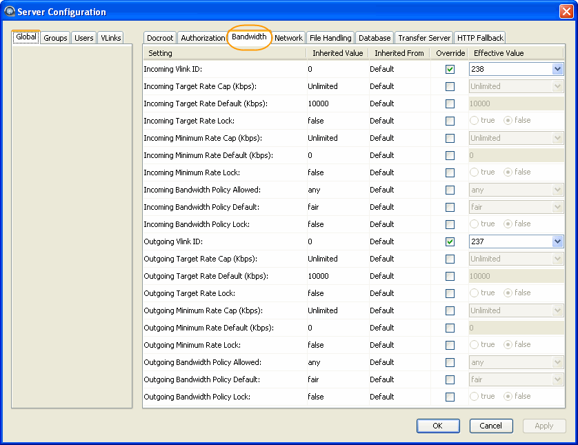 Bandwidth configuration options.