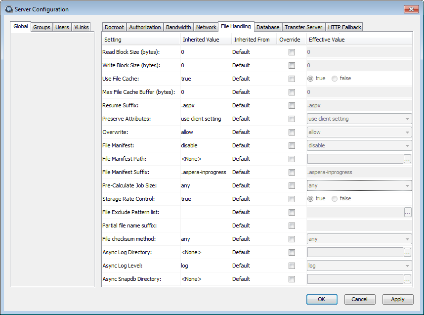 File Handling configuration options.