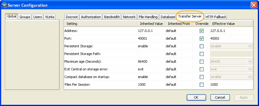 Transfer Server configuration options.