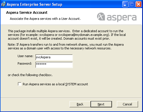 Set up the Aspera service account.