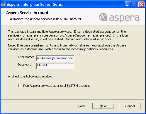 Set up the Aspera service account.