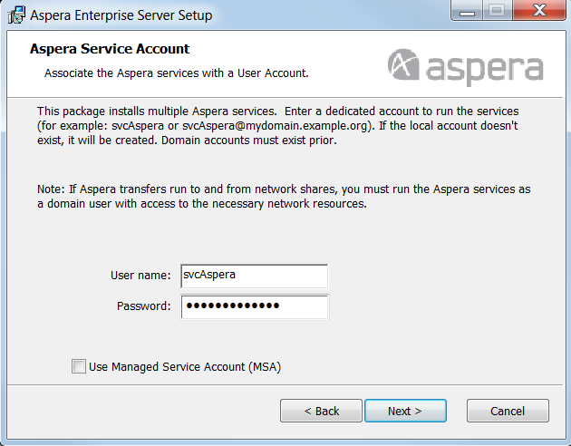 Set up the Aspera service account.