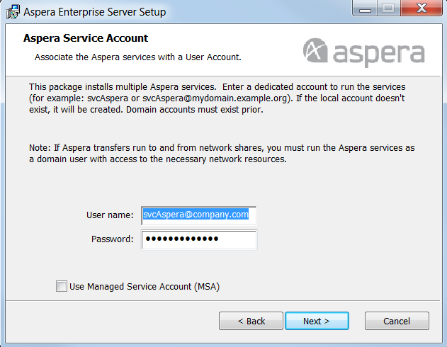 Set up the Aspera service account.