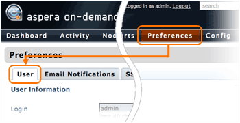 Go to the Preferences-User page to update the admin account info.