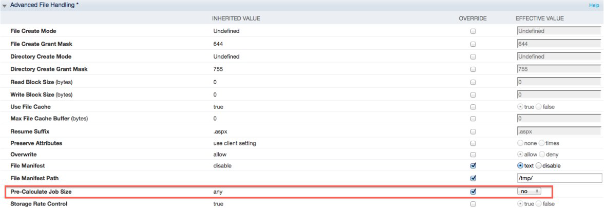 In the Pre-Calculate Job Size row, select the override box in the 3rd column from the left, then select no from the drop-down menu in the 4th column.