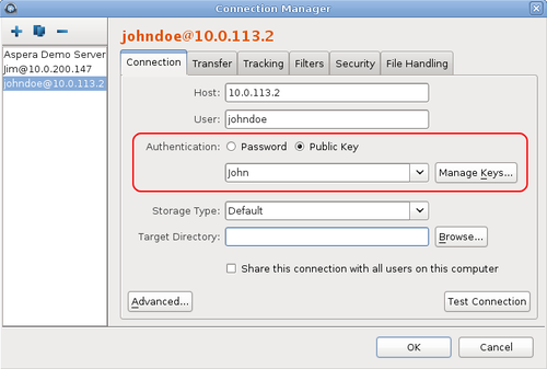 Choose the key for the connection's authentication.