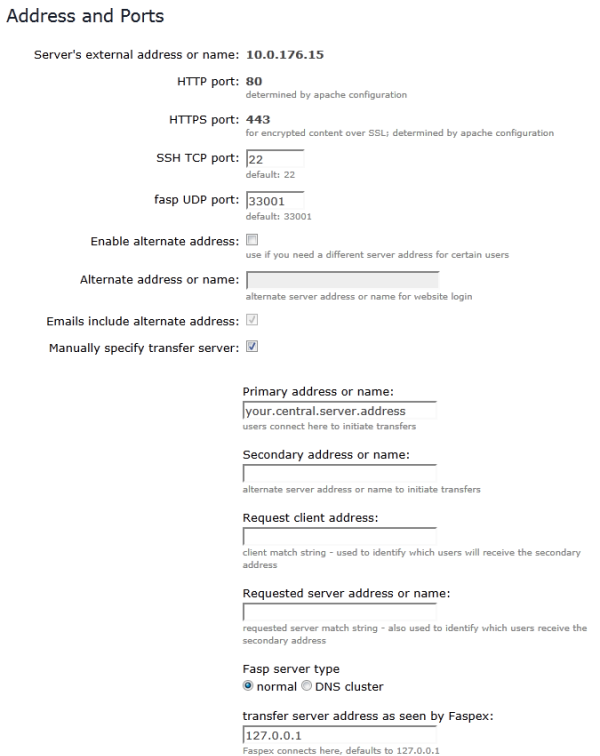 Faspex Server Configuration - Addresses and Ports