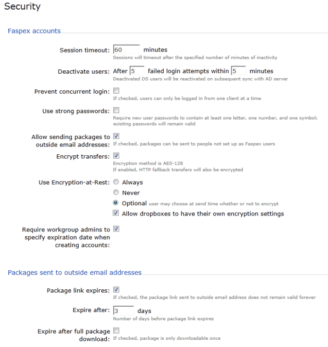 Faspex Server Configuration - Security