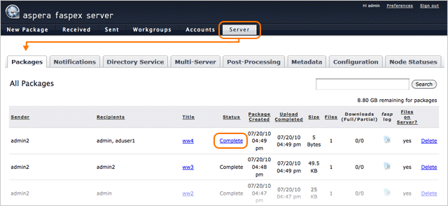 A relayed package shows a clickable link.