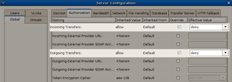 Set Transfers to Deny in ES (linux).