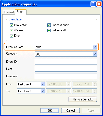 Use Event Viewer's filter to display only SSH Server events.