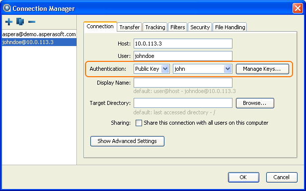 Choose the key for the connection's authentication.