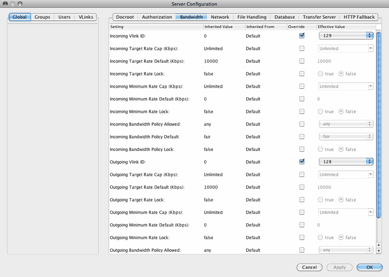 Bandwidth configuration options.