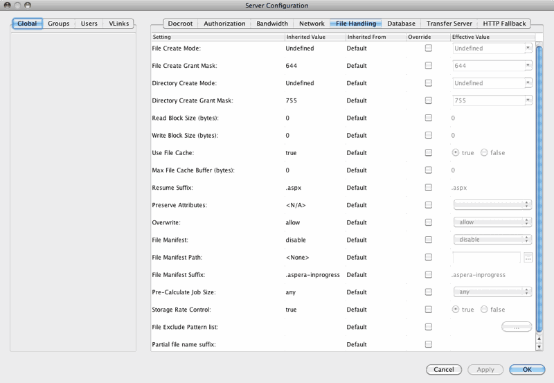 File Handling configuration options.