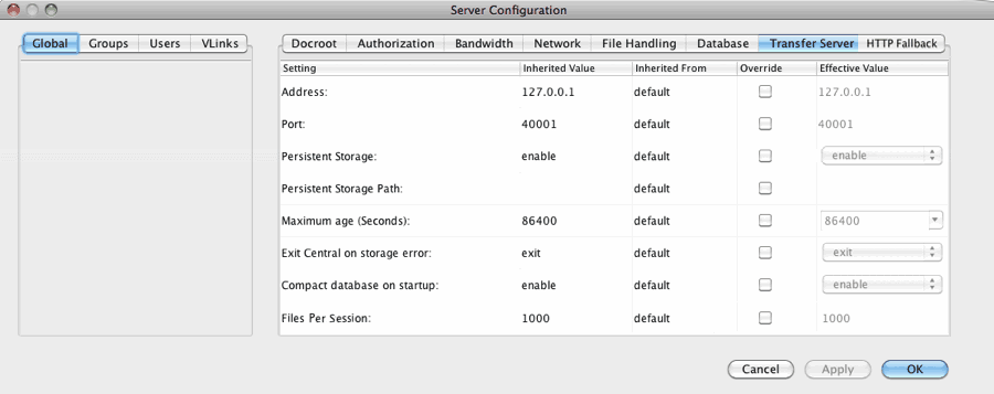 Transfer Server configuration options.