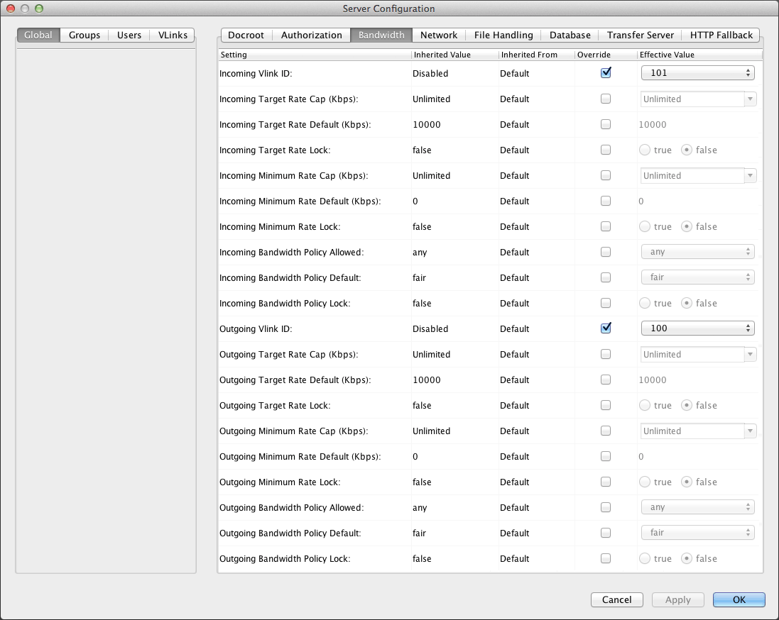 Bandwidth configuration options.