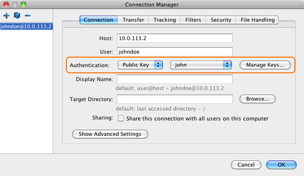 Choose the key for the connection's authentication.