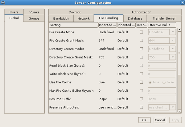 File Handling configuration options.