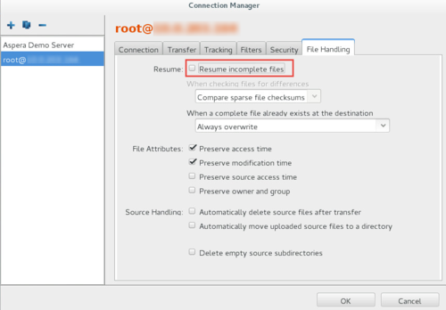Clear the box next to "Resume incomplete files" in the first line of the File Handling options.