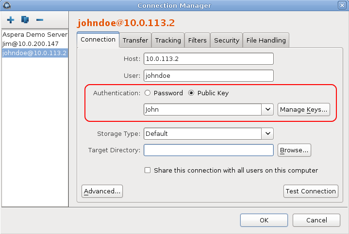 Choose the key for the connection's authentication.