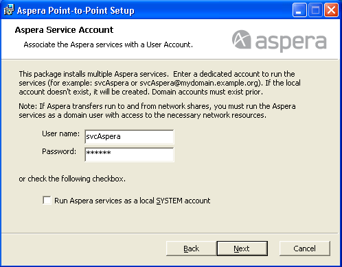 Set up the Aspera service account.