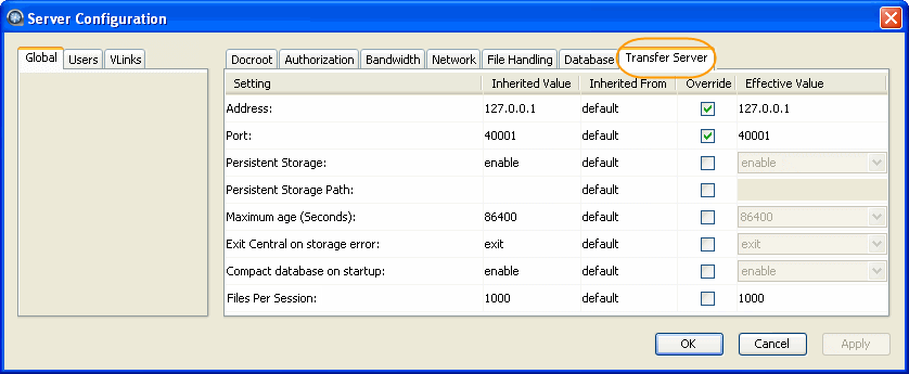 Transfer Server configuration options.